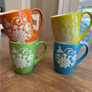 Floral Ceramic Mug Set - Orange, Yellow, Green, Blue